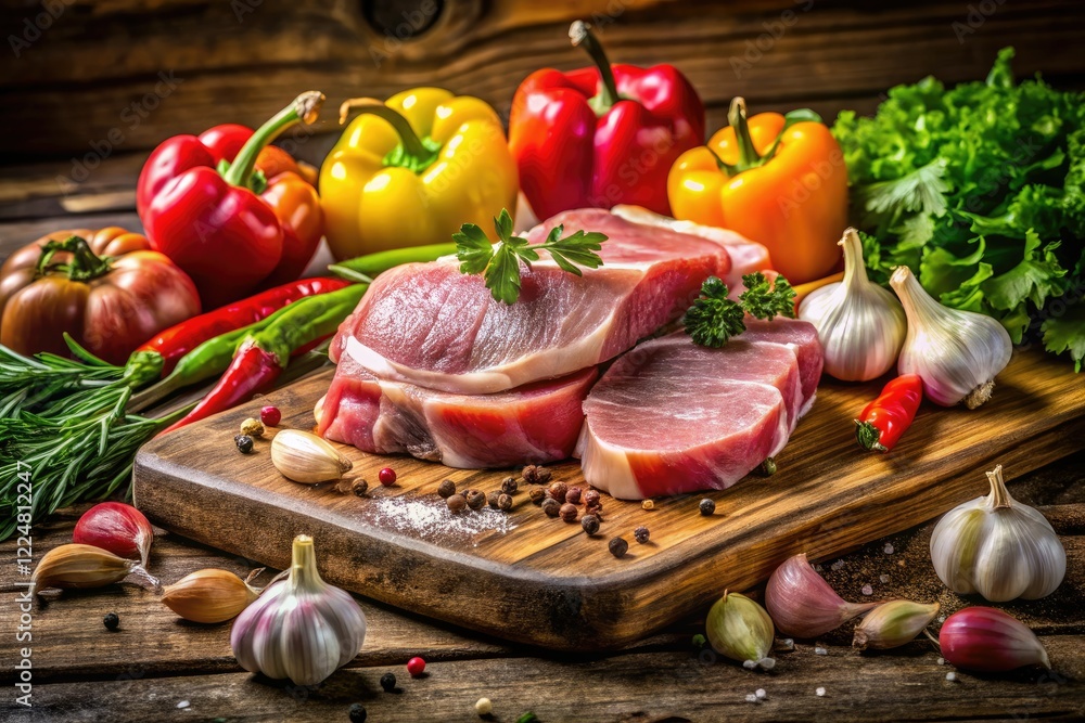 Raw pork and vibrant vegetables, artfully arranged on a cutting board, captured in a long exposure culinary still life. Raw pork and vibrant vegetables, artfully arranged on a cutting board, captured in a long exposure culinary still life.