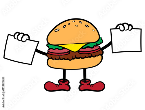 Hamburgers cartoon characters carrying signboard for Big sale. Best for icon, logo, sticker, and mascot for fastfood restaurant