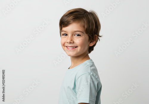 Portrait of a laughing boy of 6-7 years old in a T-shirt on a light background
