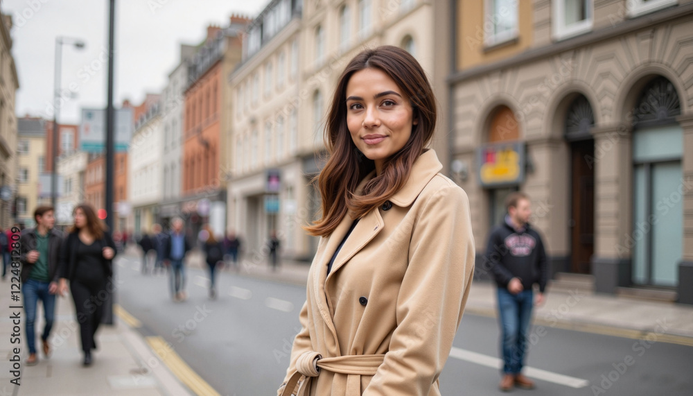 Fototapeta premium Smiling young Hispanic woman wearing trench coat on urban street, fashion