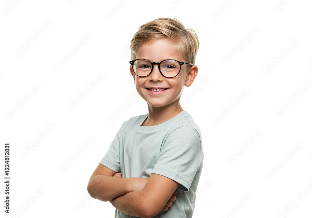 Portrait of a laughing boy of 6-7 years old in a T-shirt on a light background Portrait of a laughing boy of 6-7 years old in a T-shirt on a light background