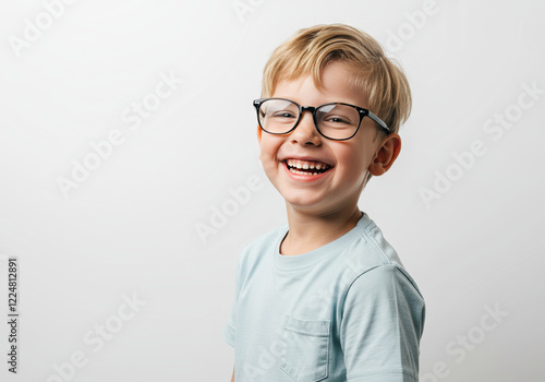 Portrait of a laughing boy of 6-7 years old in a T-shirt on a light background