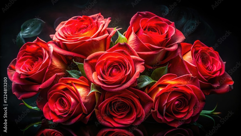 Obraz premium Romantic double exposure: red roses bloom against a dramatic black backdrop, creating stunning floral art.