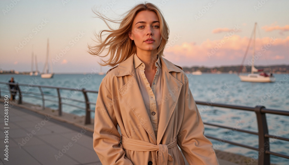 Fototapeta premium Young woman in beige trench coat walking by sunset seaside, fashion elegance