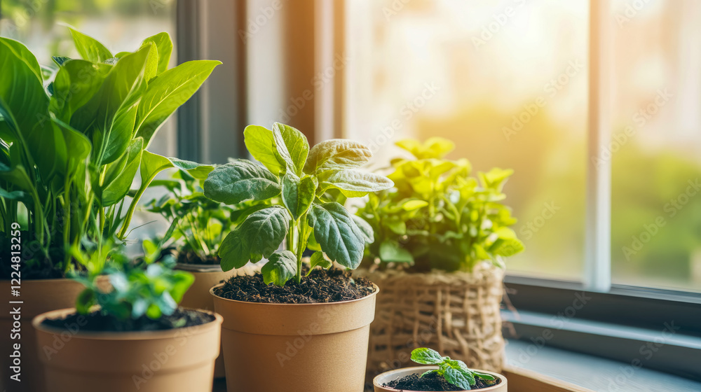Fototapeta premium Indoor Plants Basking in Sunlight on Windowsill: A Home Gardening Scene