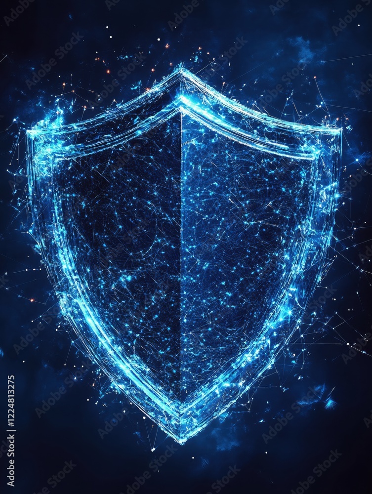 Fototapeta premium Digital shield with glowing blue network connections on dark background technology concept