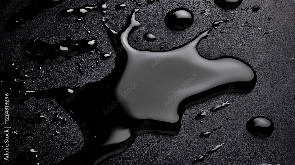 Black liquid spill on dark textured surface creating abstract shapes and reflections of light Black liquid spill on dark textured surface creating abstract shapes and reflections of light