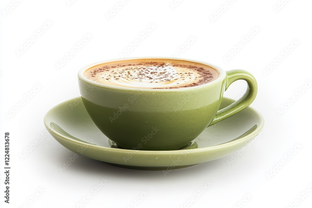 Green cup of cappuccino, latte art, white background, cafe menu Green cup of cappuccino, latte art, white background, cafe menu