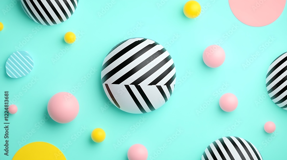 Colorful and Stylish Geometric Shapes on a Bright Blue Background with Polka Dots and Stripes Colorful and Stylish Geometric Shapes on a Bright Blue Background with Polka Dots and Stripes