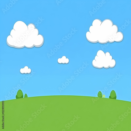 Cartoon Landscape Shows Green Hills, Trees, and White Clouds Under a Blue Sky
