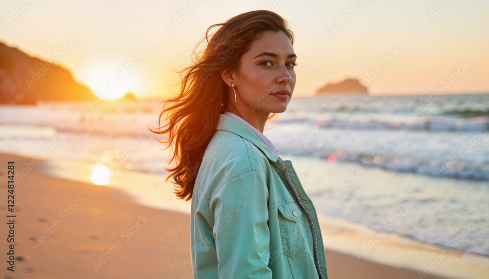 Serene young Hispanic woman gazing at sunset beach, tranquil beauty Serene young Hispanic woman gazing at sunset beach, tranquil beauty