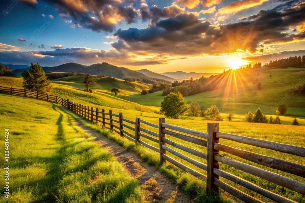 Fototapeta premium Rustic ranch fence lines a vast western field, showcasing pastoral countryside charm.