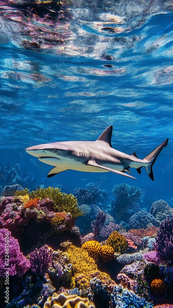 Fototapeta premium Blacktip reef shark swimming over colorful coral reef