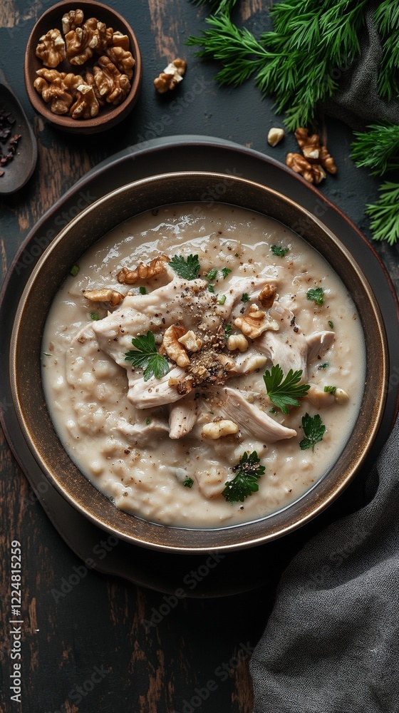 Traditional creamy chicken and rice soup with walnuts Traditional creamy chicken and rice soup with walnuts
