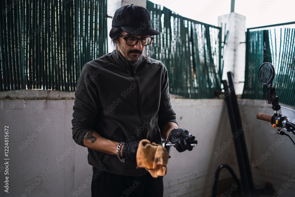 Hombre moreno con gafas poniendo a punto moto de cross para usar en el campo