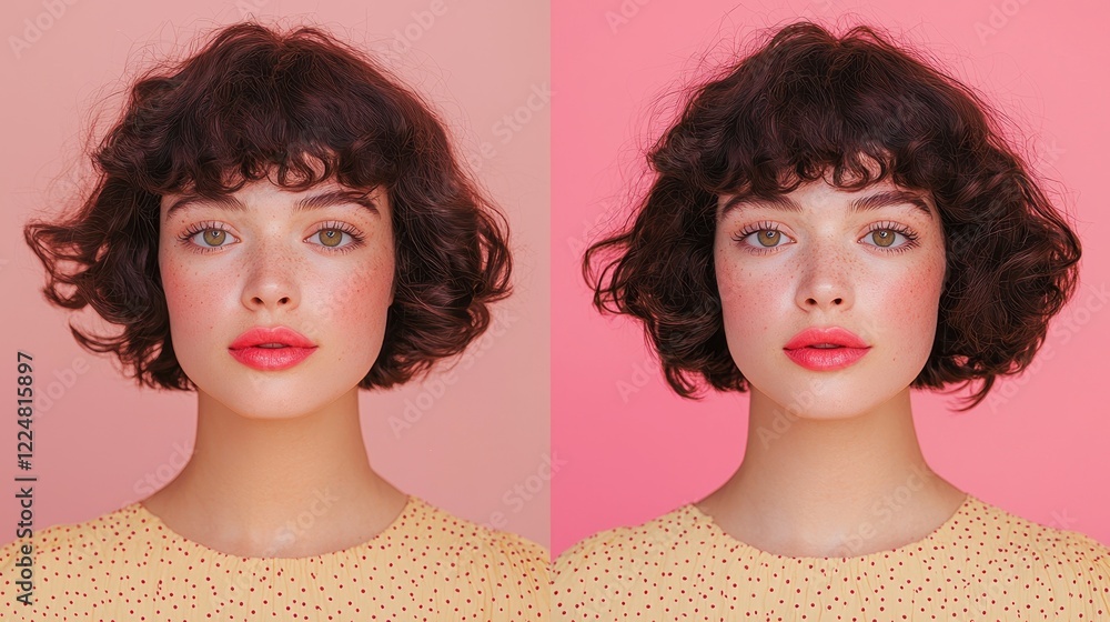 Portrait of a Young Woman with Curly Hair and Freckles Against a Pink Background Portrait of a Young Woman with Curly Hair and Freckles Against a Pink Background