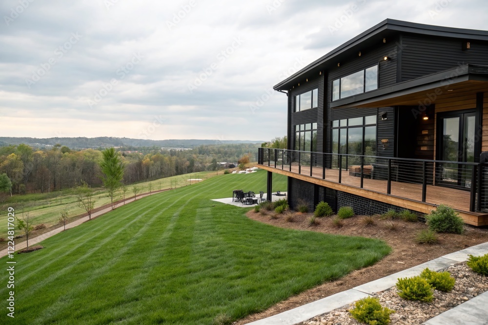 Obraz premium Modern Black House Panoramic Windows Green Grass Tilt-Shift Photo
