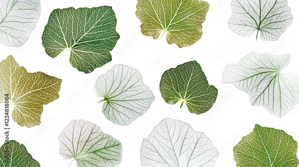 Fototapeta premium Intricate leaf vein patterns create an organic backdrop with textured details in various shades of green on a white background