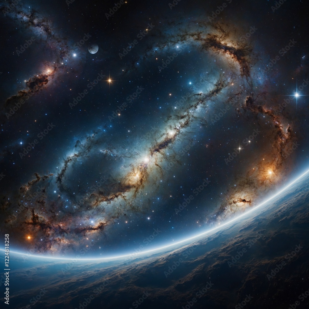 Obraz premium A galaxy of stars forming the word Peace as planets orbit around it.