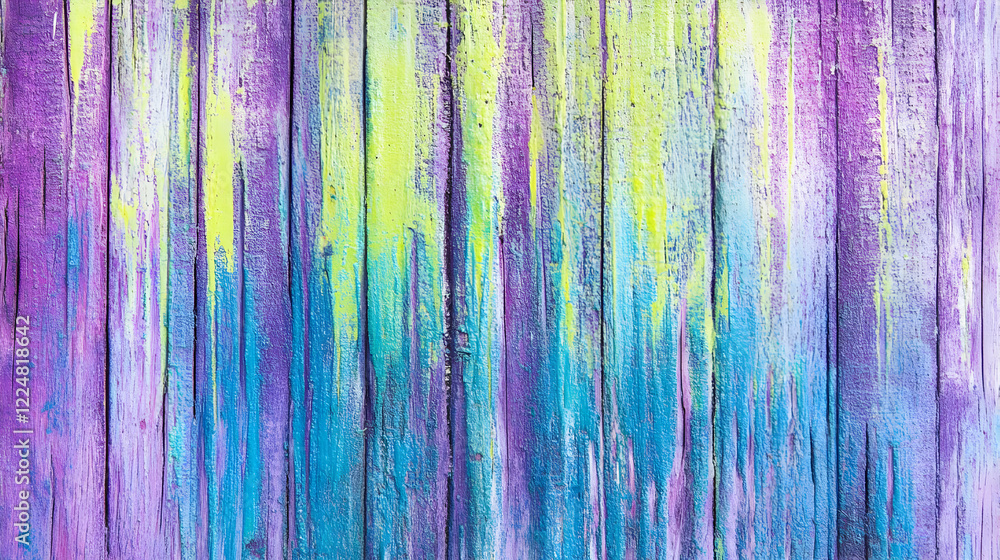 Vibrant Painted Wooden Planks Background Displays a Colorful, Textured Surface Design with Purple, Blue, and Green Hues