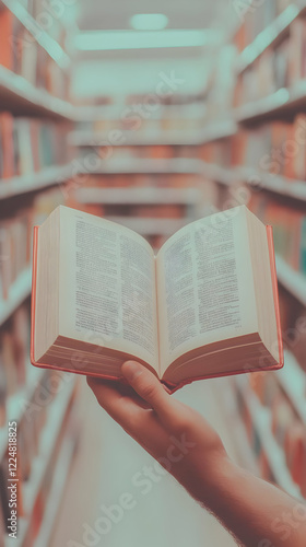 Hand Holds Open Book in Blu...