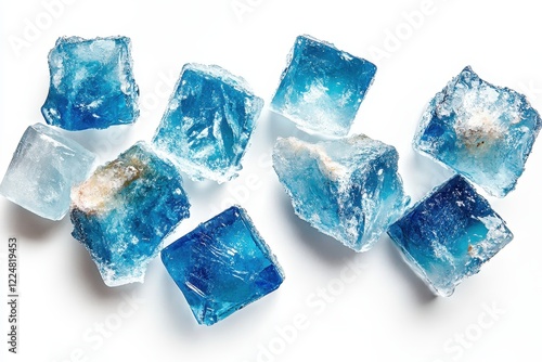 Blue sugar cubes scattered white background, food photography photo