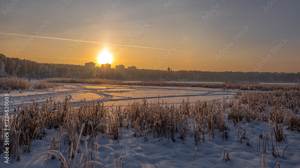 Winter landscape on a frozen snow lake in Sibir Krasnoyarsk region Winter landscape on a frozen snow lake in Sibir Krasnoyarsk region