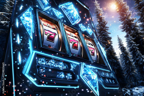 Ice-Encrusted Slot Machine Displays Triple Sevens in a Wintry Forest Setting at Night