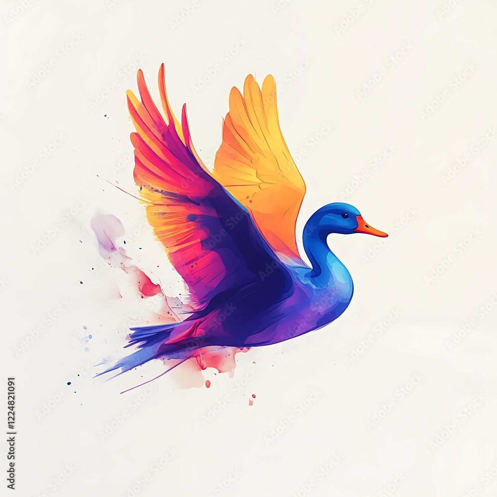 Obraz premium Colorful swan flying, abstract art, ethereal background, digital illustration, visual design