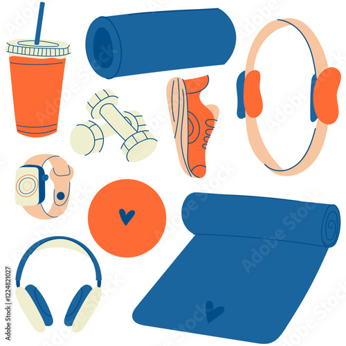 Different Sport equipment. Fitness inventory, pilates and yoga accessories. Healthy lifestyle concept. Hand drawn Vector set