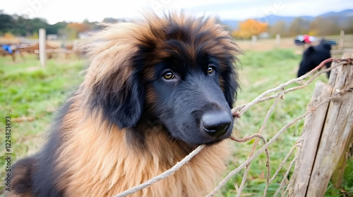 A Fluffy Dog Gently Holds a...