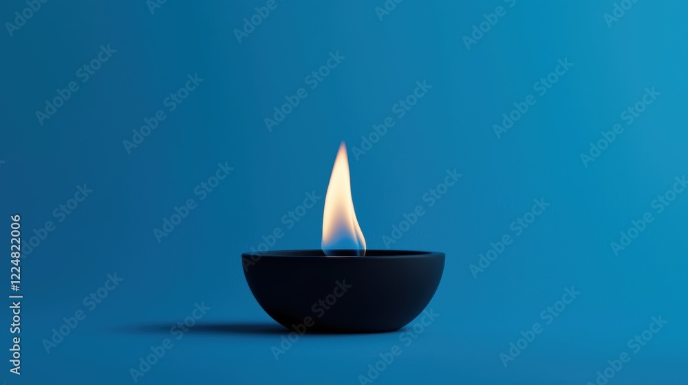 Single Flame in Dark Blue Bowl A Minimalist Still Life Single Flame in Dark Blue Bowl A Minimalist Still Life