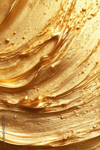 Luxurious flowing golden liquid with shimmering surface and scattered drops of gold paint