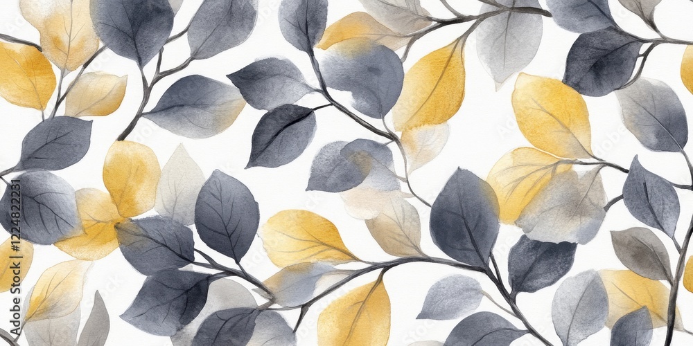 Elegant watercolor foliage pattern with blue and yellow leaves on white background Elegant watercolor foliage pattern with blue and yellow leaves on white background