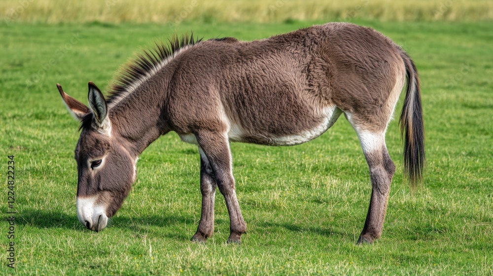 Donkey Grazing Peacefully in Lush Green Pasture of Rural Landscape on a Sunny Day Donkey Grazing Peacefully in Lush Green Pasture of Rural Landscape on a Sunny Day