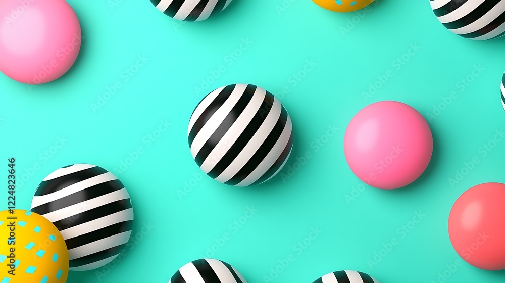 Colorful Geometric Balls with Patterns on a Vibrant Turquoise Background for Creative Designs Colorful Geometric Balls with Patterns on a Vibrant Turquoise Background for Creative Designs