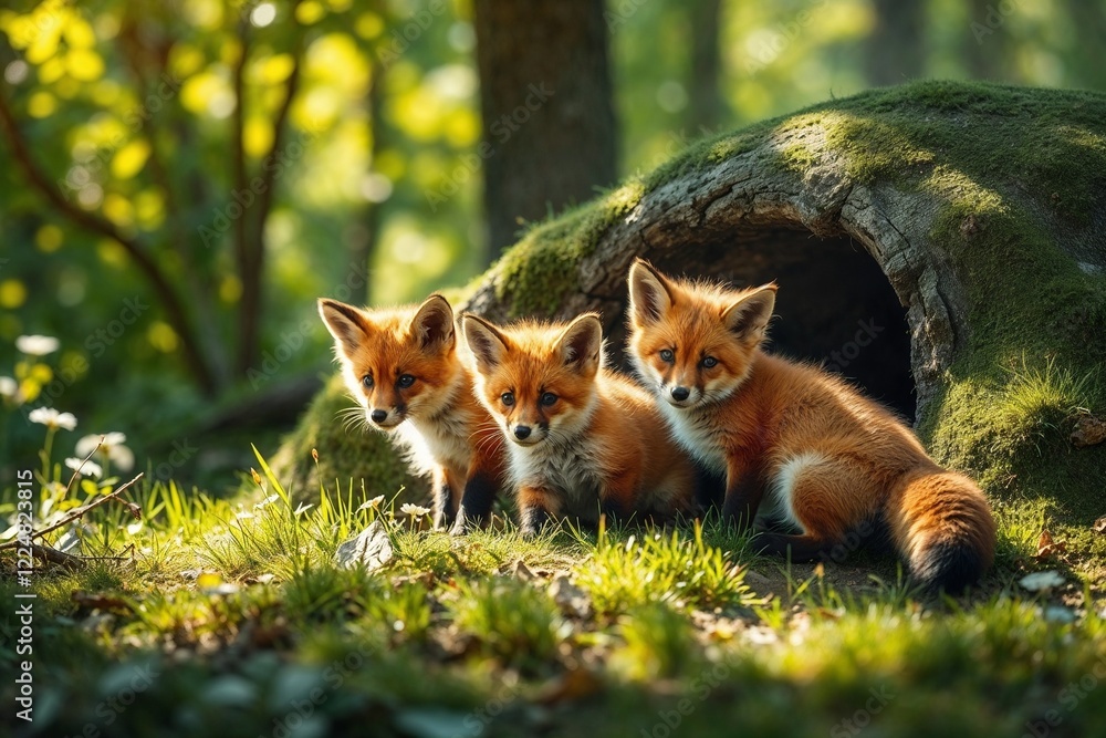 Fototapeta premium Three young foxes exploring near their den in a sunlit forest