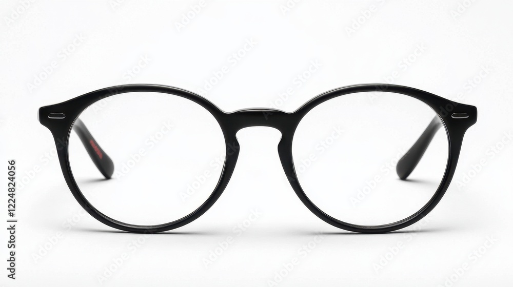 Black round eyeglasses with clear lenses on white background Black round eyeglasses with clear lenses on white background