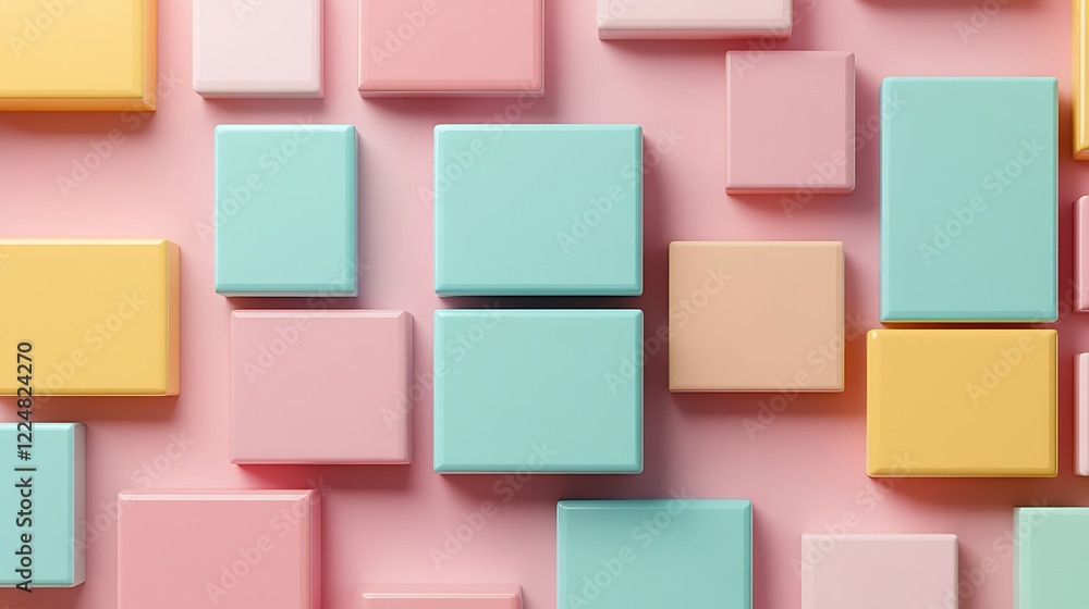 Colorful geometric blocks in pastel shades arranged on a soft pink background for creative design and art concepts Colorful geometric blocks in pastel shades arranged on a soft pink background for creative design and art concepts