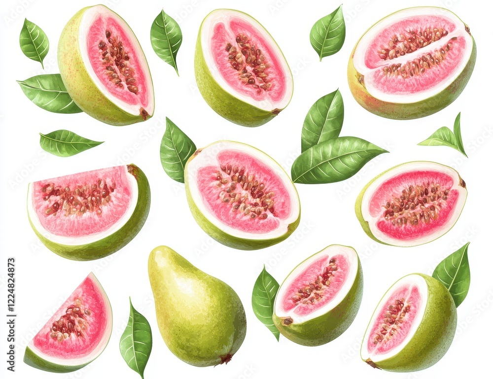 Pink guava slices, leaves, white background, food design, recipe Pink guava slices, leaves, white background, food design, recipe