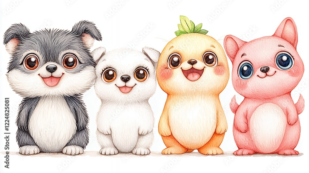 Obraz premium Adorable Watercolor Cartoon Animals Illustration