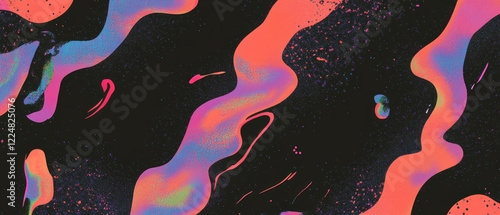 Vibrant neon abstract shapes with flowing curves on a dark background create a dynamic visual effect