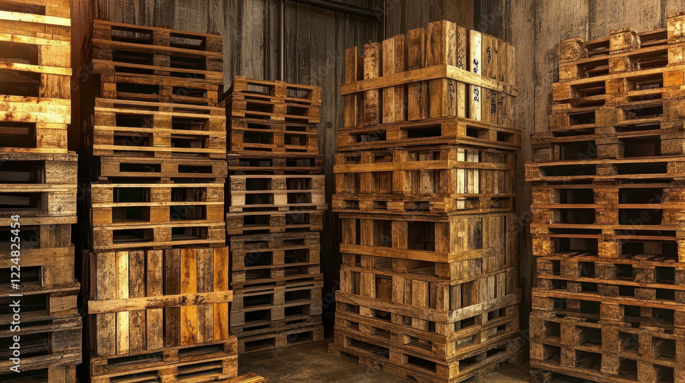 Wooden Pallets Stacked in a Dimly Lit Storage Area Showcasing Various Sizes and Textures in a Rustic Environment Wooden Pallets Stacked in a Dimly Lit Storage Area Showcasing Various Sizes and Textures in a Rustic Environment