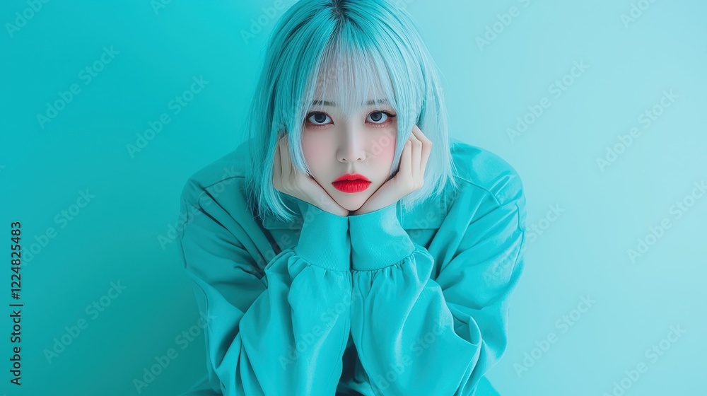Stylish Young Woman with Aqua Hair and Red Lips Posing in a Studio Stylish Young Woman with Aqua Hair and Red Lips Posing in a Studio