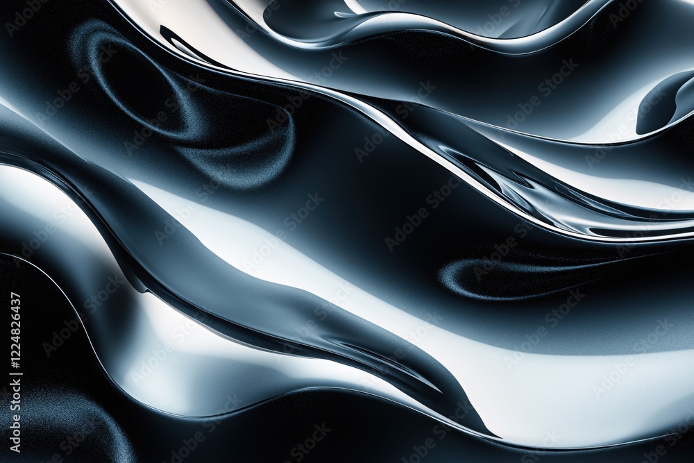 Fototapeta premium Abstract flowing metallic surface with smooth curves and reflective highlights in dark blue