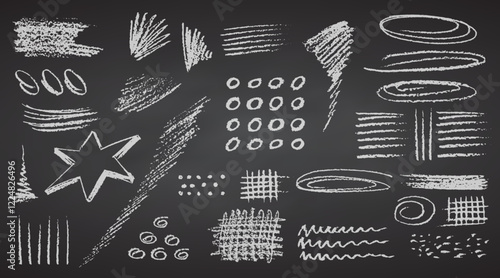 Charcoal pencil hand drawing curly lines, splash, squiggles and shapes. White elements on chalkboard. Grunge chalk crayon scribbles doodles textures. Rough crayon strokes. Vector illustration