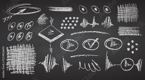 Charcoal pencil hand drawing curly lines, splash, squiggles and shapes. White elements on chalkboard. Grunge chalk crayon scribbles doodles textures. Rough crayon strokes. Vector illustration