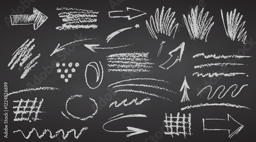 Charcoal pencil hand drawing curly lines, splash, squiggles and shapes. White elements on chalkboard. Grunge chalk crayon scribbles doodles textures. Rough crayon strokes. Vector illustration