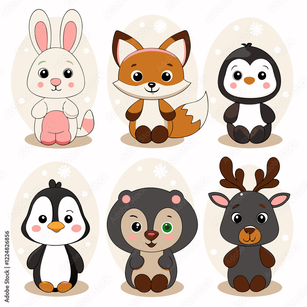 Fototapeta premium Adorable cartoon winter animals rabbit, fox, penguins, bear, reindeer.