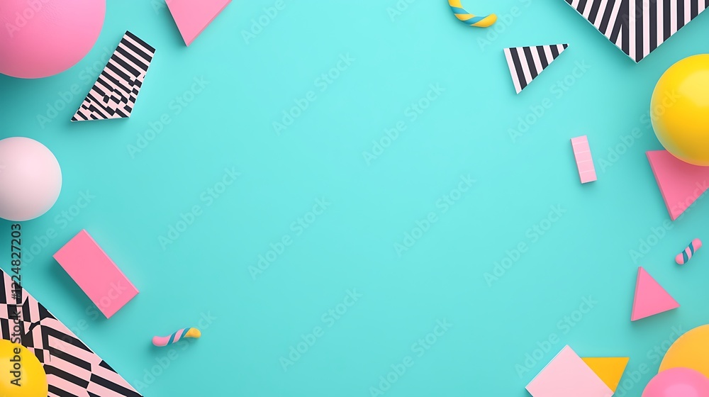Fototapeta premium Colorful Geometric Shapes and Balloons on Turquoise Background for Creative and Playful Designs